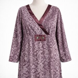 Vtg Purple Floral Velvet Burnout Long Sleeve Tunic Top 2X Whimsigoth Romantic